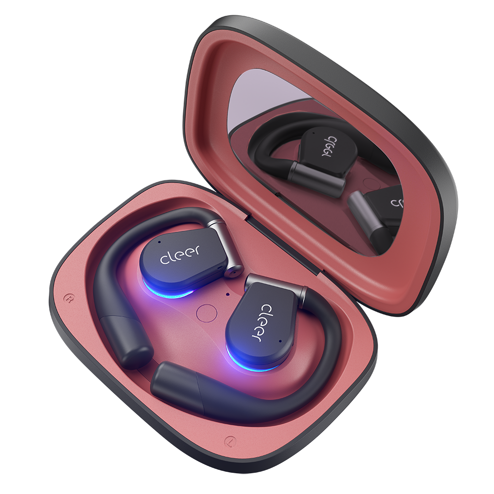 Cleer AR3 earbuds in charging case.